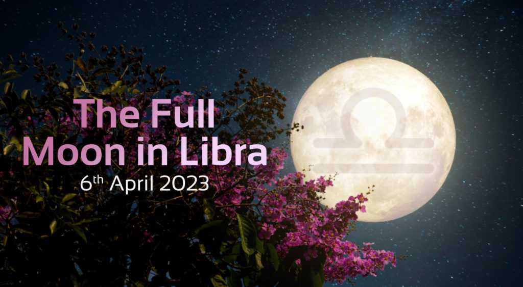 image of full moon with 'the full moon in libra' text with date 6th april 2023. 