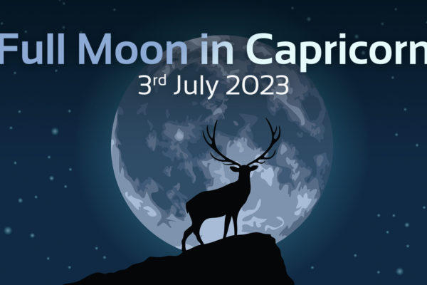 Deer on large rock with large full moon behind it. Text above that says 'Full Moon in Capricorn' and below that it says '3rd July 2023'
