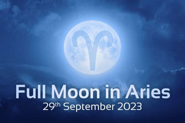 Image of full moon with Aries zodiac symbol in it, text underneath says 'Full moon in Aries, 29th September 2023'