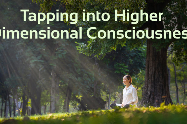 woman meditating in woods, with text at the top which says 'tapping into higher dimensional consciousness'