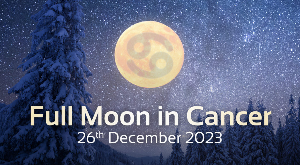 Full Moon in stary sky with Cancer star sign symbol in it. text at the bottom that says 'new moon in cancer, 26th December 2023'