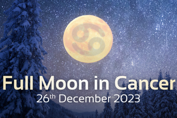 Full Moon in stary sky with Cancer star sign symbol in it. text at the bottom that says 'new moon in cancer, 26th December 2023'