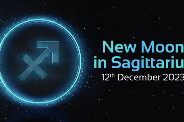 'New Moon in Sagittarius, 12th December 2023' text with black background and Sagittarius symbol in blue