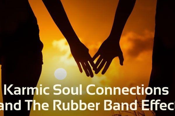 'karmic soul connections and the rubber band effect' text with image of couple holding hands at sunset