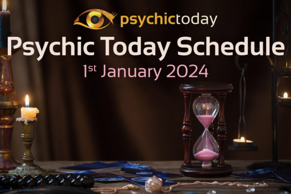 'Psychic Today Schedule' 1st January with image of candle and sand timer