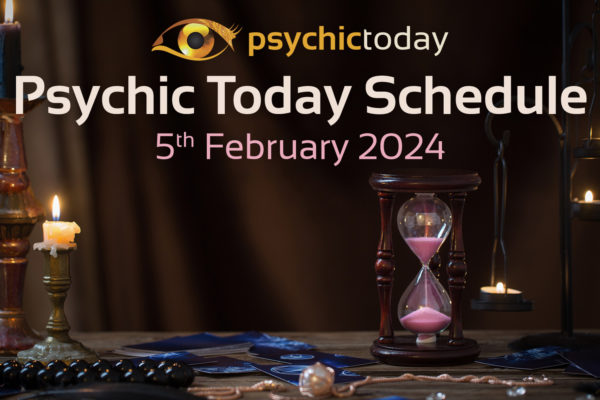 'Psychic Today Schedule' 5th February with image of candle and sand timer