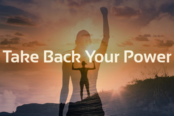 take back your power text with image of woman lifting arm in victory at sunset