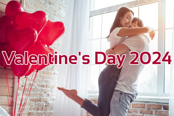 'Valentine's Day 2024' text with image of couple hugging and balloons next to them
