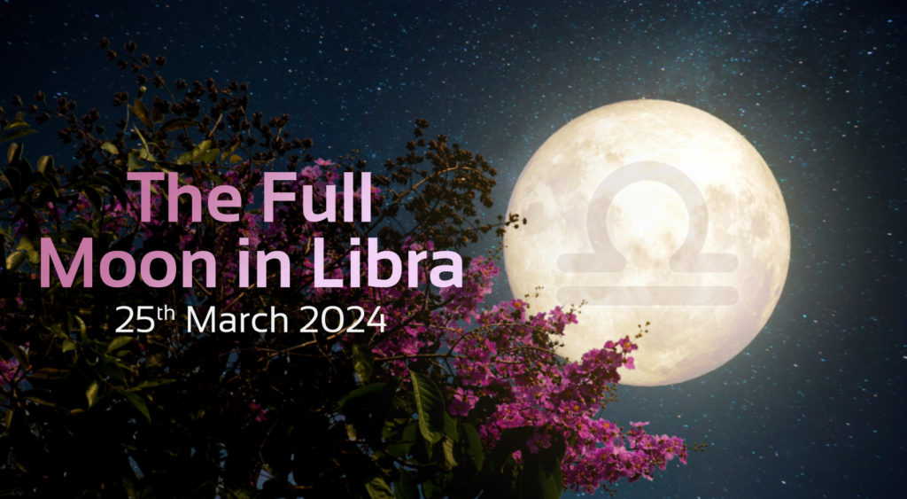 'the full moon in libra, 25th march 2024' text with image of tree and full moon with libra symbol