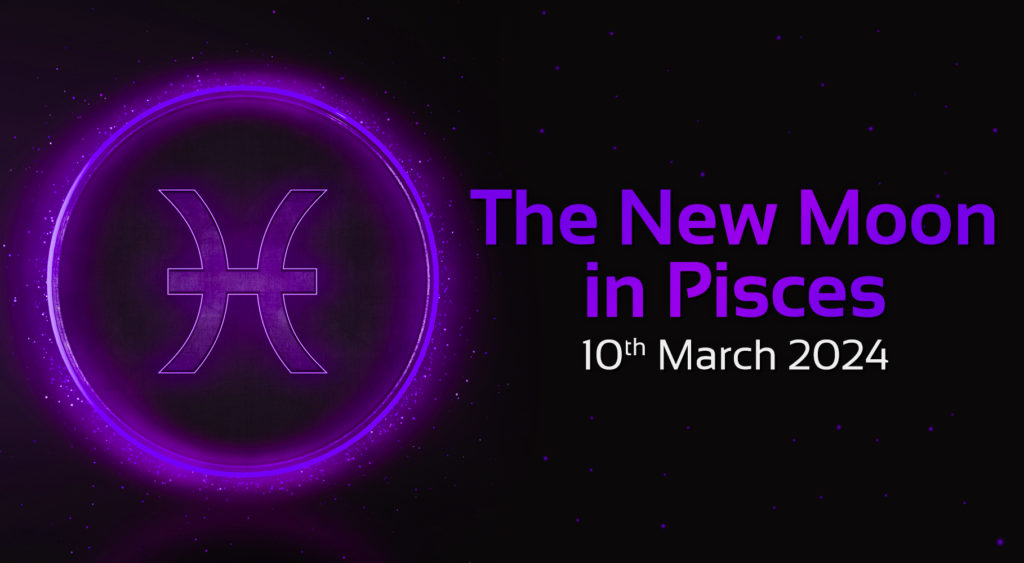 'the new moon in pisces' '10th March 2024' text with an image of the pisces star sign symbol