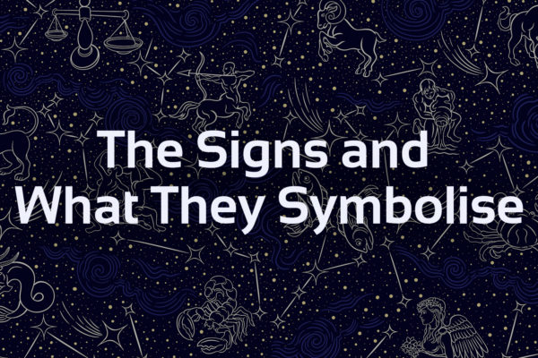 'the signs and what they syymbolise' text with astrology background