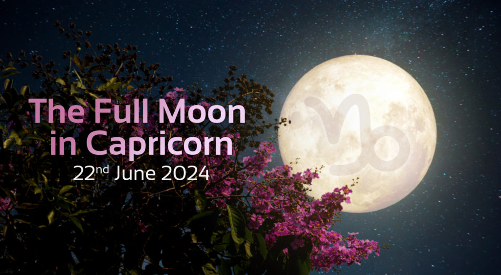 'full moon in capricorn' text with image of full moon with capricorn star sign in it
