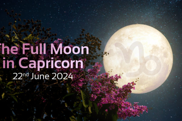 'full moon in capricorn' text with image of full moon with capricorn star sign in it