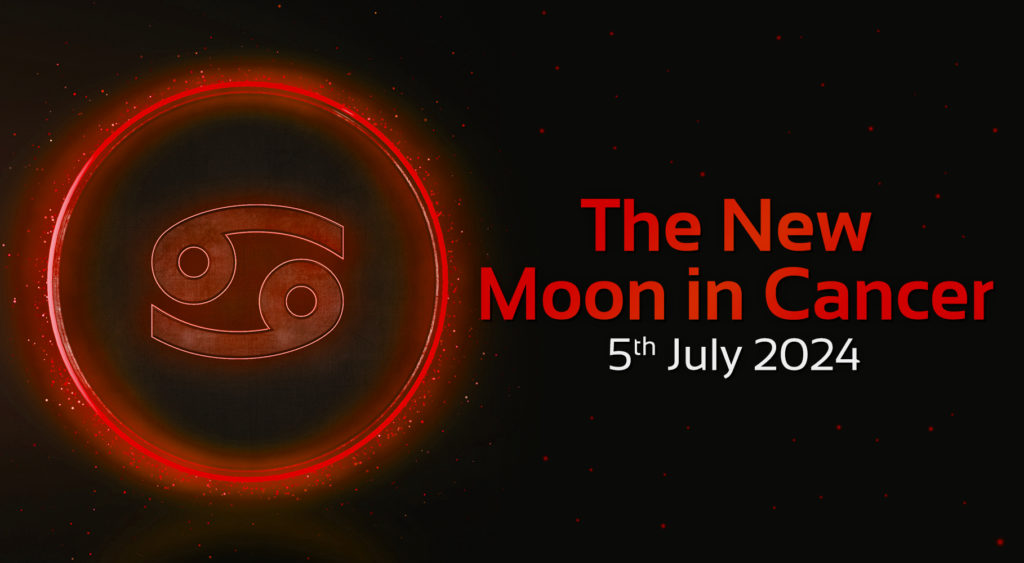 The New Moon in Cancer, 5th July 2024 text with image of cancer zodiac sign