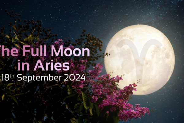 full moon in aries, 17th september 2024 text with image of full moon and tree