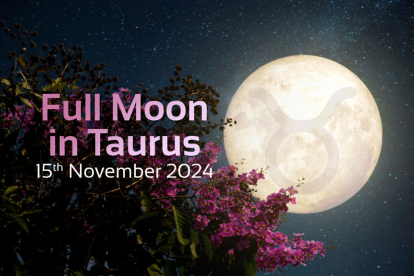 full moon in taurus 15th november 2024 text with image of full moon and taurus zodiac sign