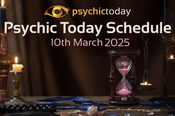 'Psychic Today Schedule' 10th March with image of candle and sand timer