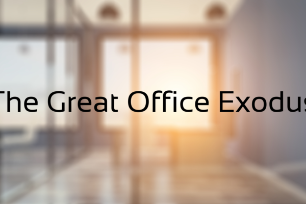 'the great office exodus' text with background image if blurry office building