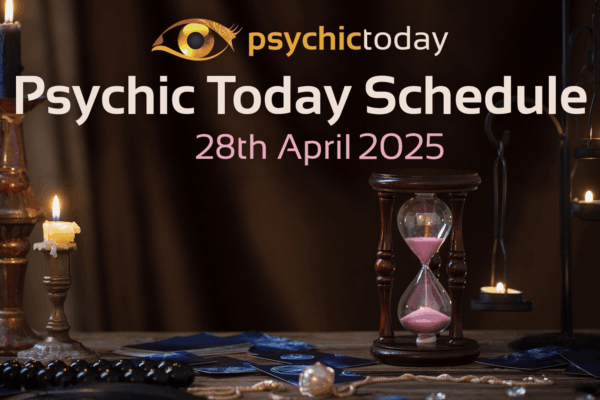 'Psychic Today Schedule' 28th April with image of candle and sand timer
