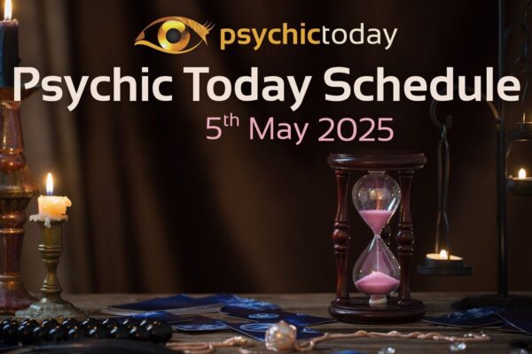 'Psychic Today Schedule' 5th May with image of candle and sand timer