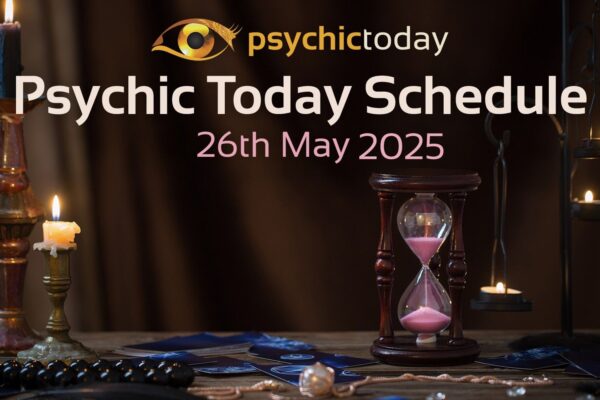 'Psychic Today Schedule' 26th May with image of candle and sand timer