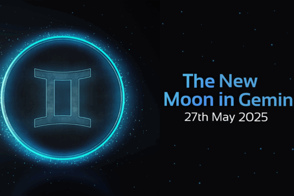 'the new moon in gemini, 27th may 2025' text with image of gemini astrology symbol