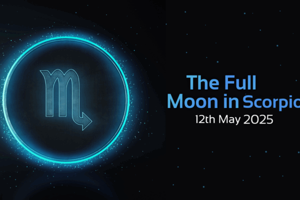 'the full moon in scorpio, 12th may 2025' text with image of scorpio symbol