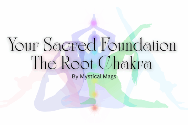 'your sacred foundation - the root chakra' 'by mystical mags' text with background image of yoga positions and chakras