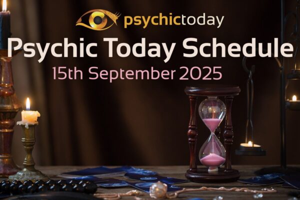 'Psychic Today Schedule' 15th September with image of candle and sand timer