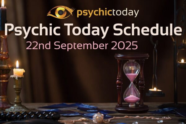 'Psychic Today Schedule' 22nd September with image of candle and sand timer