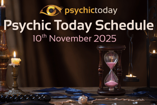 'Psychic Today Schedule' 10th November with image of candle and sand timer