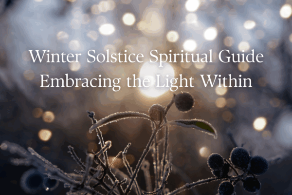 'winter solstice spiritual guide, embracing the light within' text with background image of snowy plants
