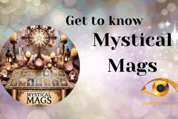 'get to know mystical mags' text with psychic image and tie dye background
