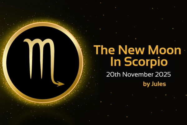 'new moon in scorpio text' with image of scorpio star sign symbol