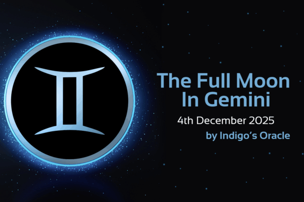 'the full moon in gemini 4th december 2025 by indigo's oracle' text with image of gemini star sign symbol