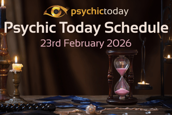 'Psychic Today Schedule' 23rd February with image of candle and sand timer