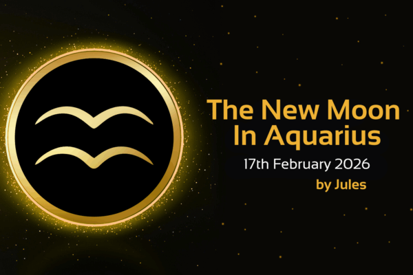 The New Moon in Aquarius, 17th February 2026, by Jules text with image of Aquarius star sign symbol
