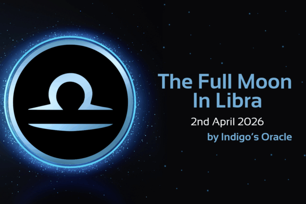 'the full moon in libra, 2nd april 2026, by indigo's oracle' text with image of libra star sign symbol