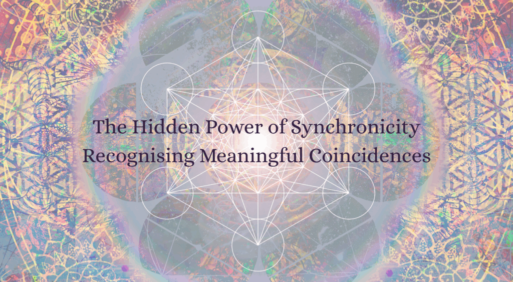 'The Hidden Power of Synchronicity: Recognising Meaningful Coincidences' text with geometric background