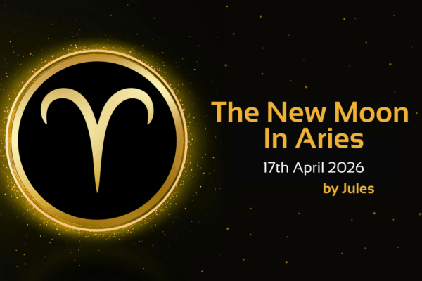 'the new moon in aries, 17th April, by Jules' text with image of Aries star sign symbol