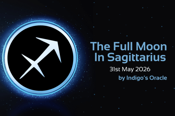 'Full Moon in Sagittarius, 31st May 2026 by Indigo's Oracle' text with image of star sign symbol