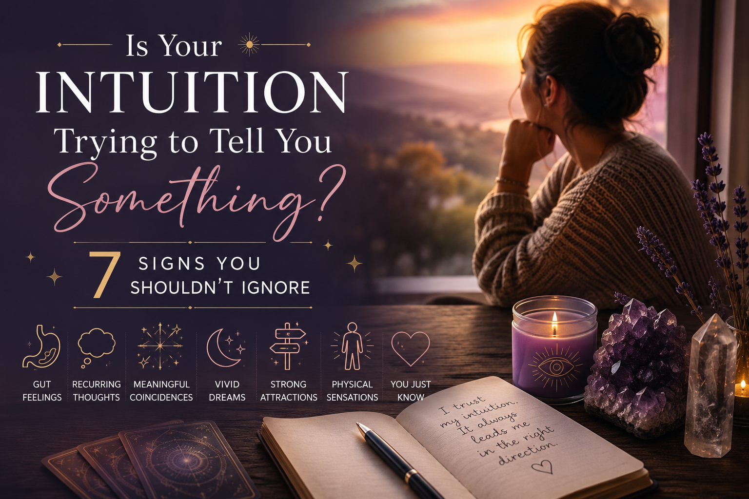 Featured image for an intuition blog showing a woman thoughtfully looking out of a window at sunset, surrounded by crystals, tarot cards, a candle and a journal. The image highlights seven signs of intuition including gut feelings, recurring thoughts, meaningful coincidences, vivid dreams, strong attractions, physical sensations and inner knowing. The text reads "Is Your Intuition Trying to Tell You Something? 7 Signs You Shouldn't Ignore".