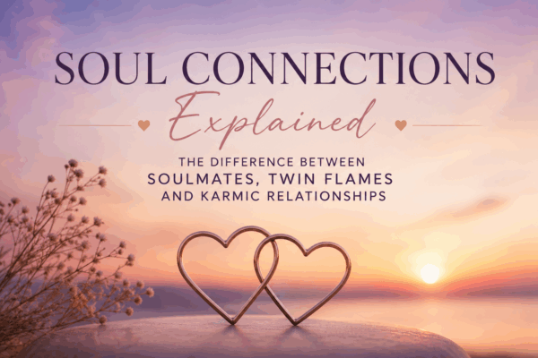 Minimalist featured image for a soul connections blog featuring two intertwined rose gold hearts against a soft pastel sunset sky. Delicate flowers frame the scene while the text reads "Soul Connections Explained: The Difference Between Soulmates, Twin Flames and Karmic Relationships", creating a calm and romantic atmosphere.