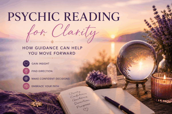Featured image for a psychic guidance blog showing a crystal ball, crystals, candle and open journal beside a peaceful lakeside sunset. The image conveys themes of clarity, insight and spiritual guidance, with the text reading "Psychic Reading for Clarity: How Guidance Can Help You Move Forward".