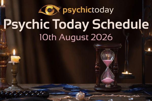 'Psychic Today Schedule' 10th August with image of candle and sand timer