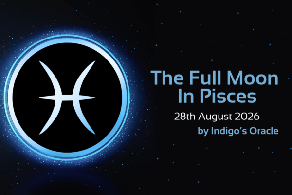 'the full moon in pisces, 28th August 2026, by Indigo's Oracle' text with image of pisces star sign symbol