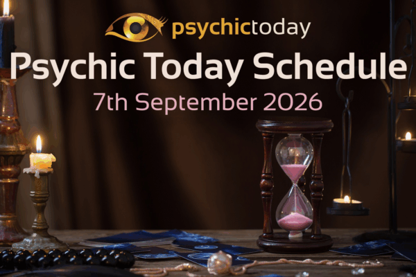 'Psychic Today Schedule' 7th September with image of candle and sand timer