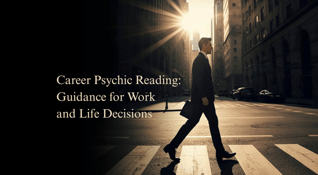 'Career Psychic Reading: Guidance for Work and Life Decisions' text with image of man in suit walking across road
