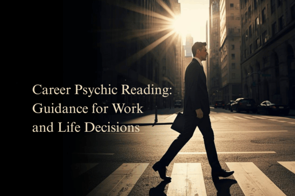 'Career Psychic Reading: Guidance for Work and Life Decisions' text with image of man in suit walking across road