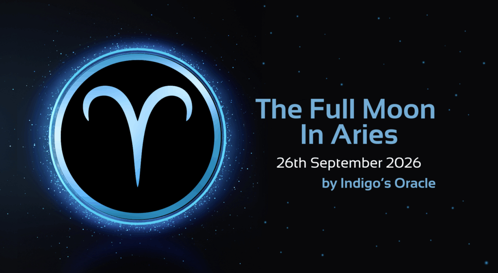 'the full moon in aries, 26th september 2026, by indigo's oracle' text with image of aries star sign symbol